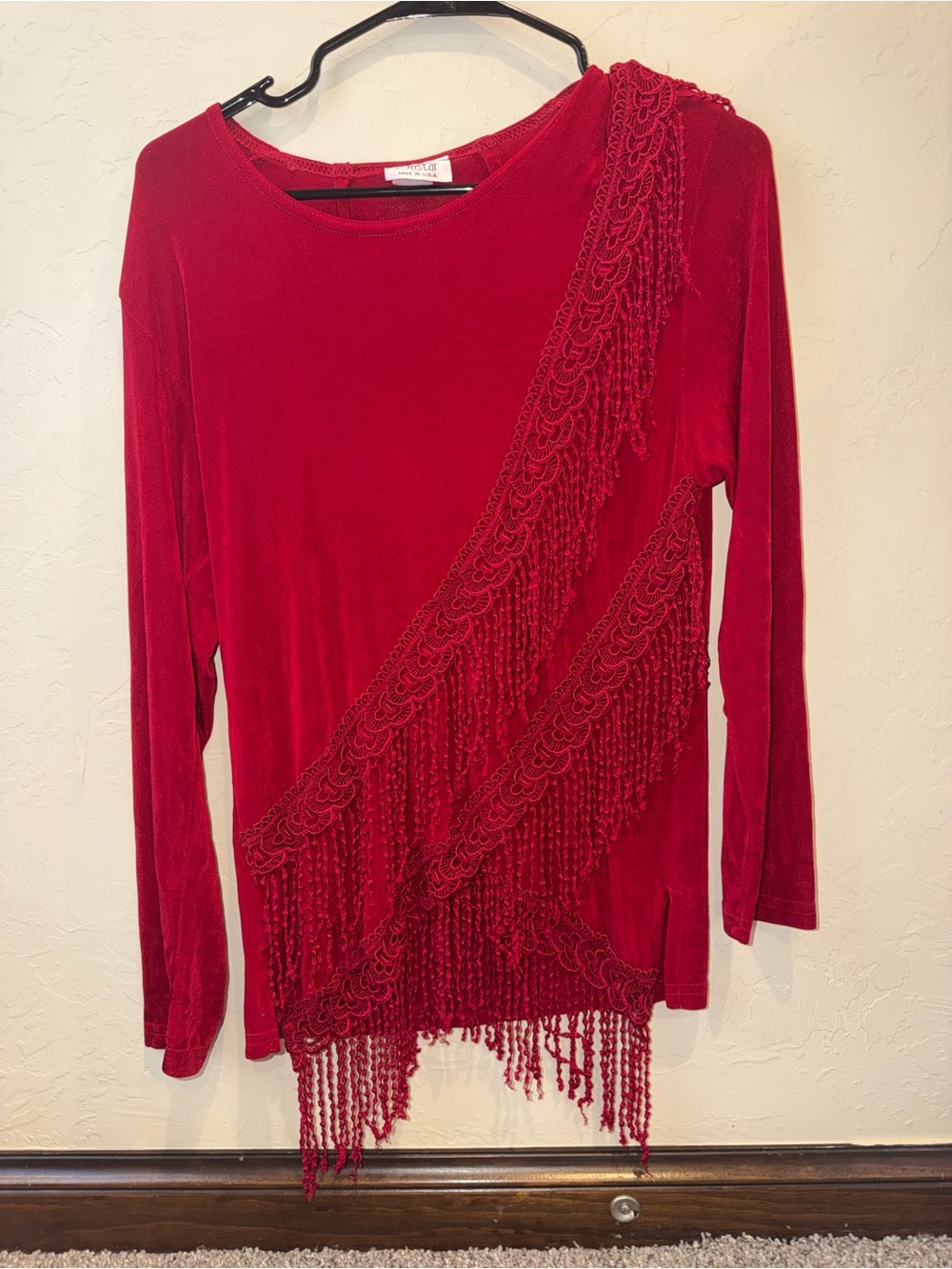 Jostar Women’s Red Fringe Lace Trim Round Neck Long Sleeve Top Size S